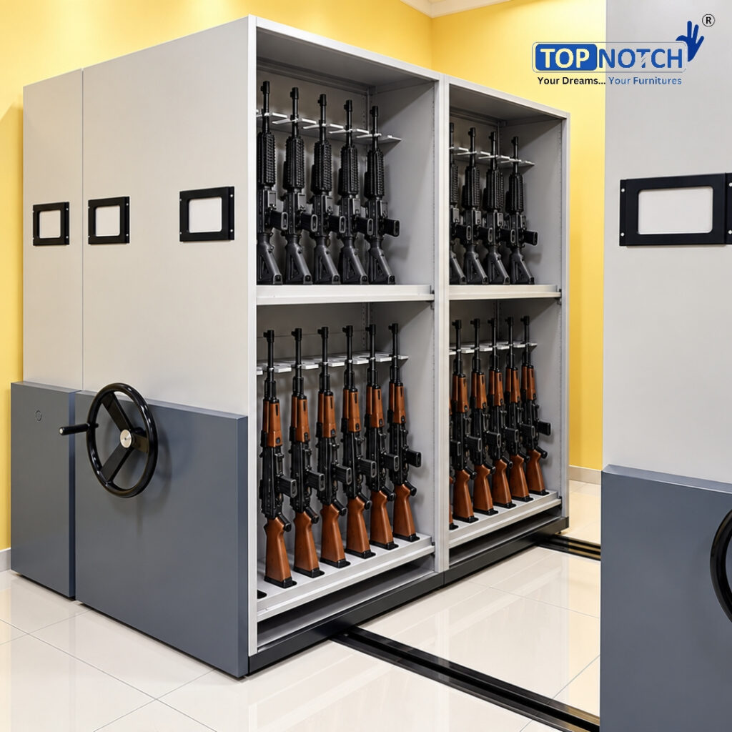 gun mobile storage compactor, gun storage mobile compactor, weapon storage compactor, INSAS rifle storage cabinet, INSAS gun storage rack, carbine storage cabinet, rifle storage cabinet, weapon storage cabinet manufacturer, gun storage cabinet manufacturer India, armoury storage system, armoury furniture manufacturer, mobile weapon storage system, mechanical gun storage compactor, heavy duty gun storage cabinet, 96 weapon storage compactor, 96 gun storage capacity, 2 bay 8 body gun compactor, biometric gun storage cabinet, digital lock gun cabinet, secure weapon storage system, police armoury storage cabinet, defence weapon storage solutions, government gun storage cabinet, institutional weapon storage system, firearm storage cabinet, military storage furniture, police equipment storage system, weapon rack manufacturer India, customized gun storage cabinet, high density weapon storage system, Topnotch gun storage compactor, Topnotch mobile compactor, Topnotch storage solutions, gun storage manufacturer Jaipur, weapon storage manufacturer Rajasthan, gun storage supplier India, weapon storage supplier India, Made in India gun storage system, mechanical mobile shelving system, secure institutional storage solutions